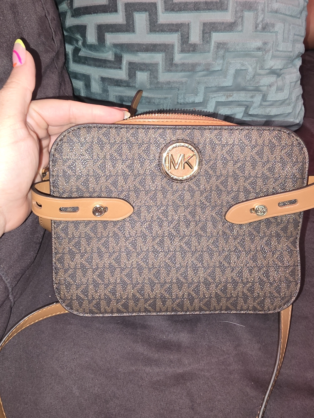 Michael Kors Brown Monogram Crossbody with Gold MK Emblem - Picture 16 of 16